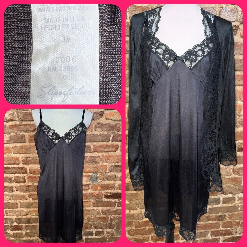 Vintage Sliperfection Black Nylon Lace Nightgown Robe Peignoir Set 38 USA - EUC